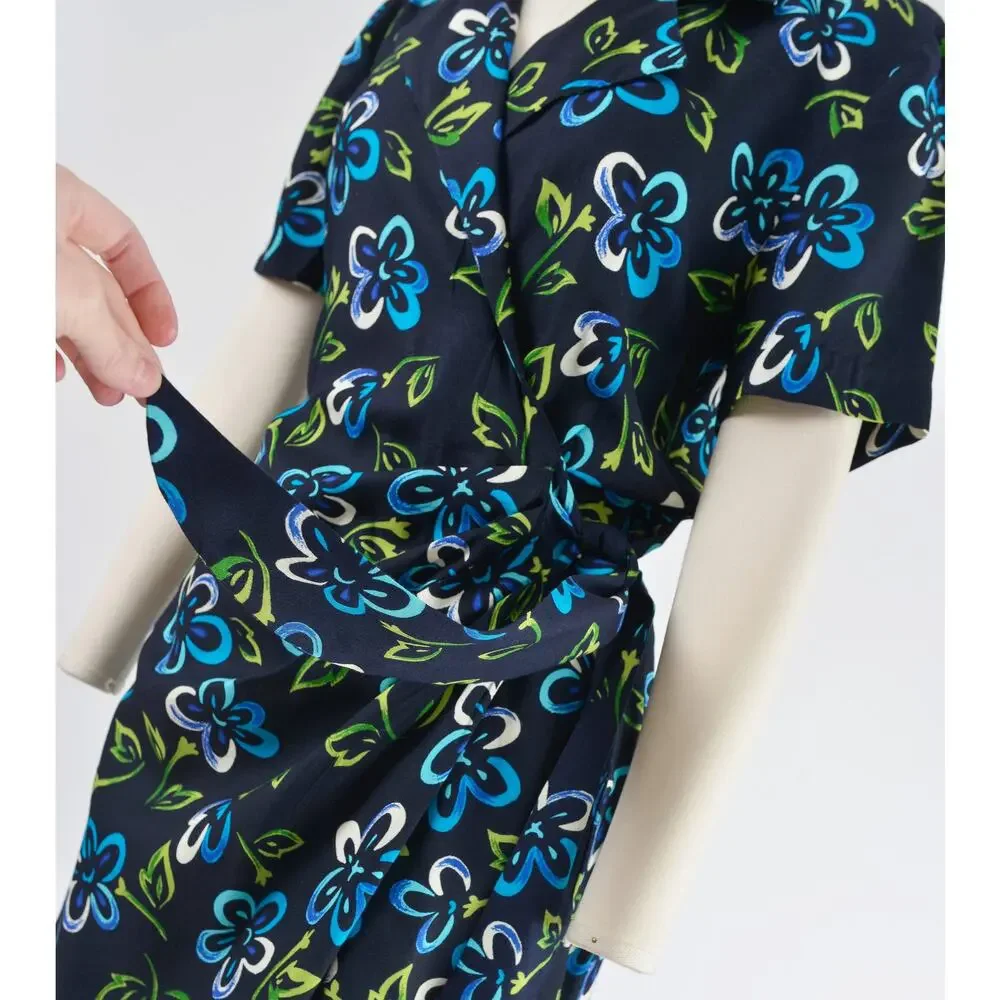 Vintage 90s Floral Rayon Romper Navy Wrap Playsuit Boho Summer Shorts Jumpsuit S